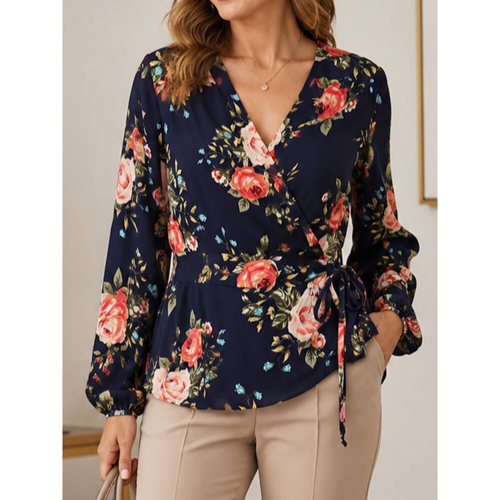 Monteau XL Floral Faux Wrap Blouse Navy Long Sleeve Tie Waist Stretch Top Jrs